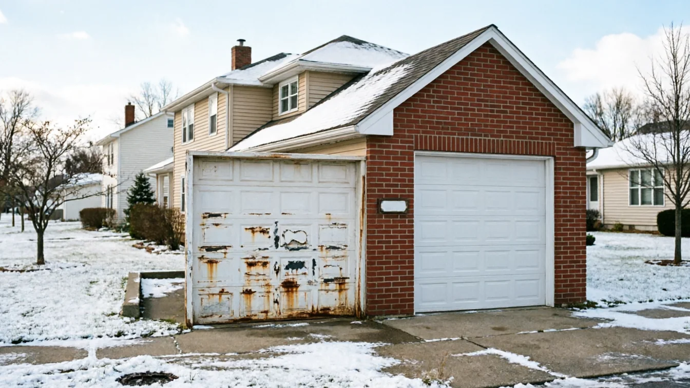 Two garage doors are on a house with snow on the ground.