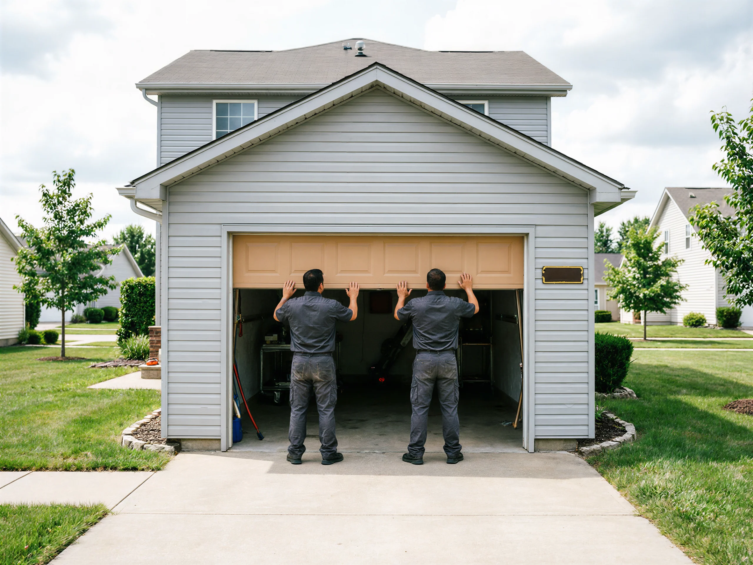 Two technicians are installing a beige garage door on a gray house.