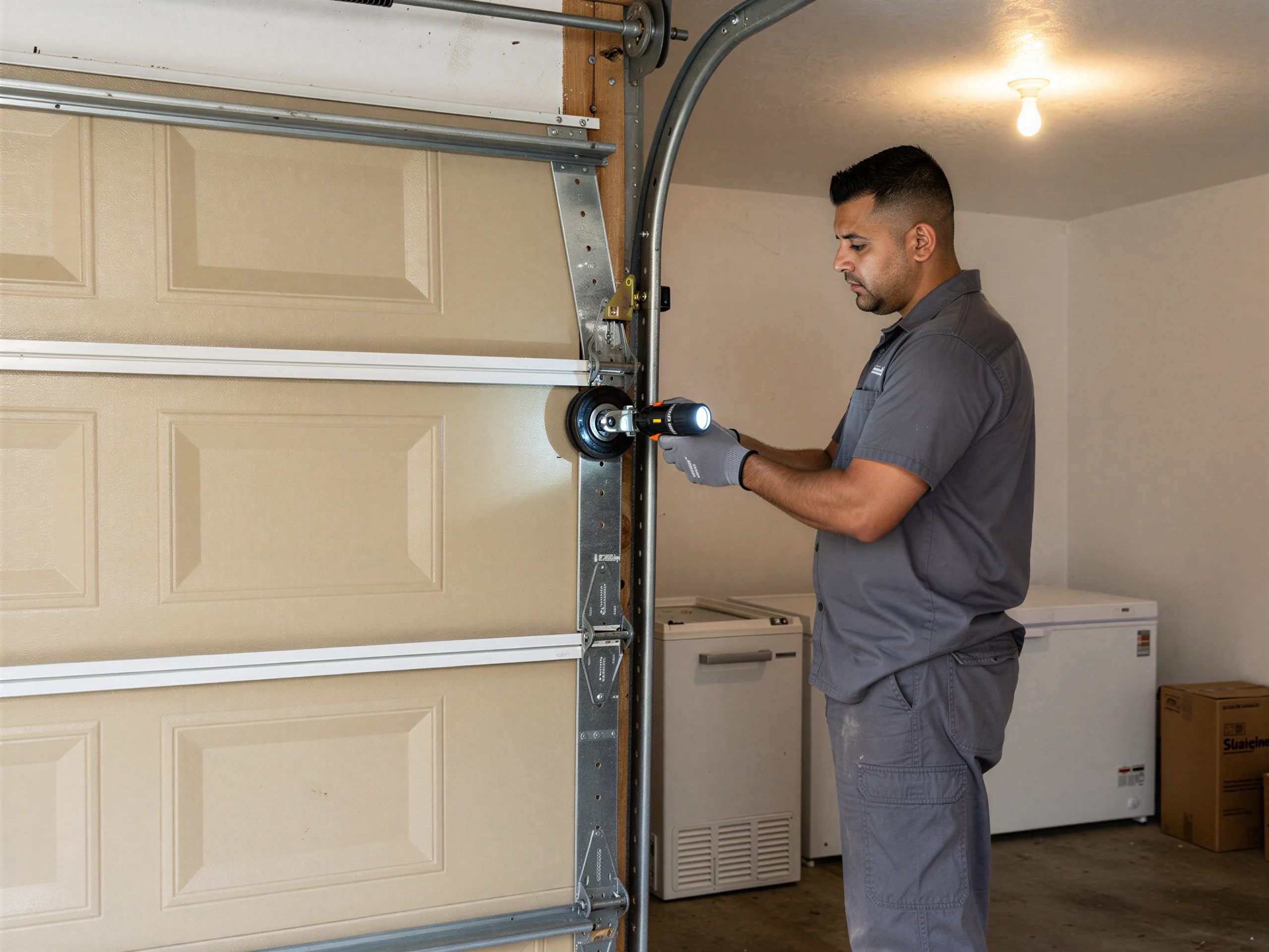 A technician shines a flashlight on a beige garage door track and roller.