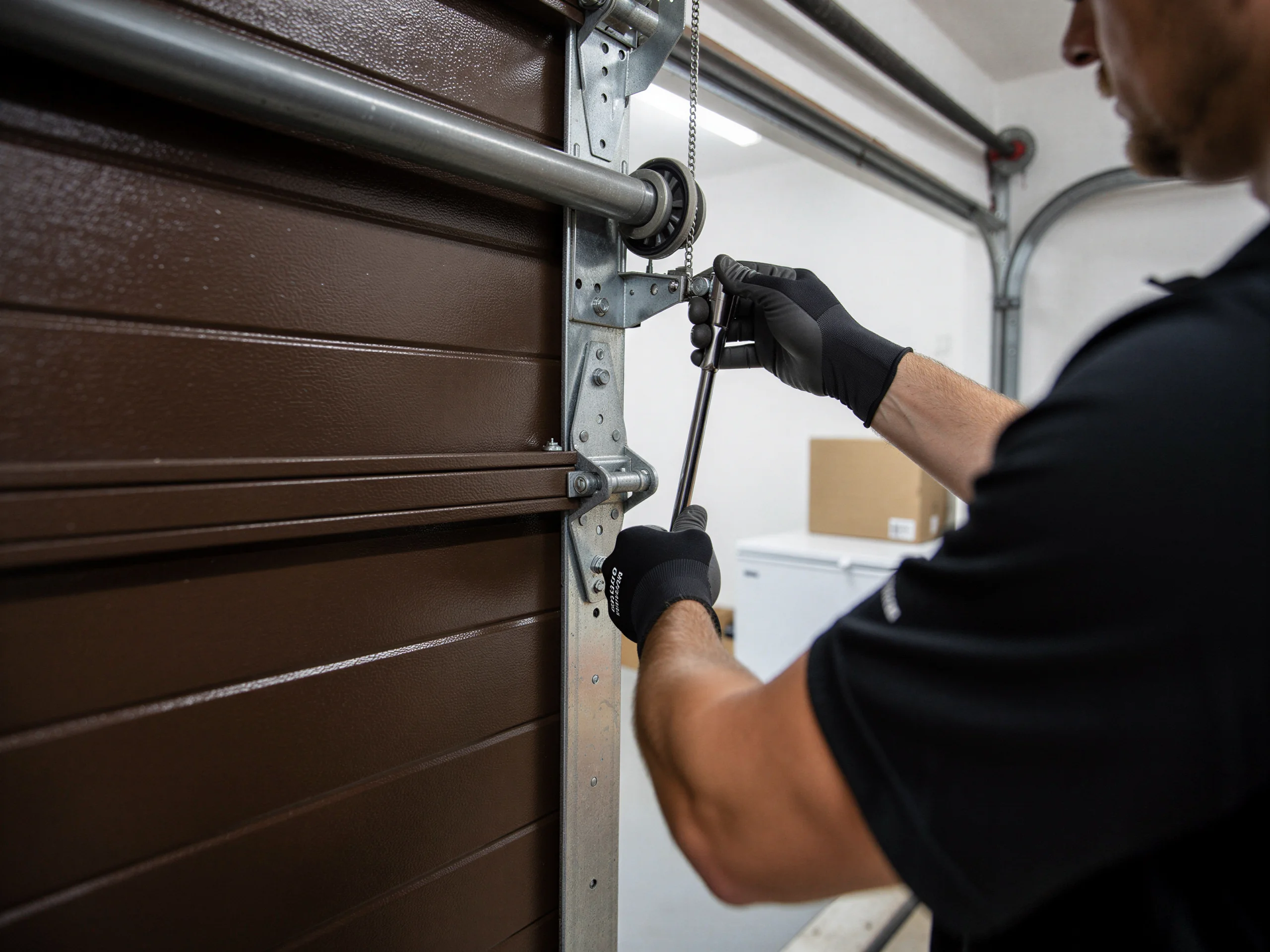 A technician in black gloves adjusts a brown garage door with a tool.