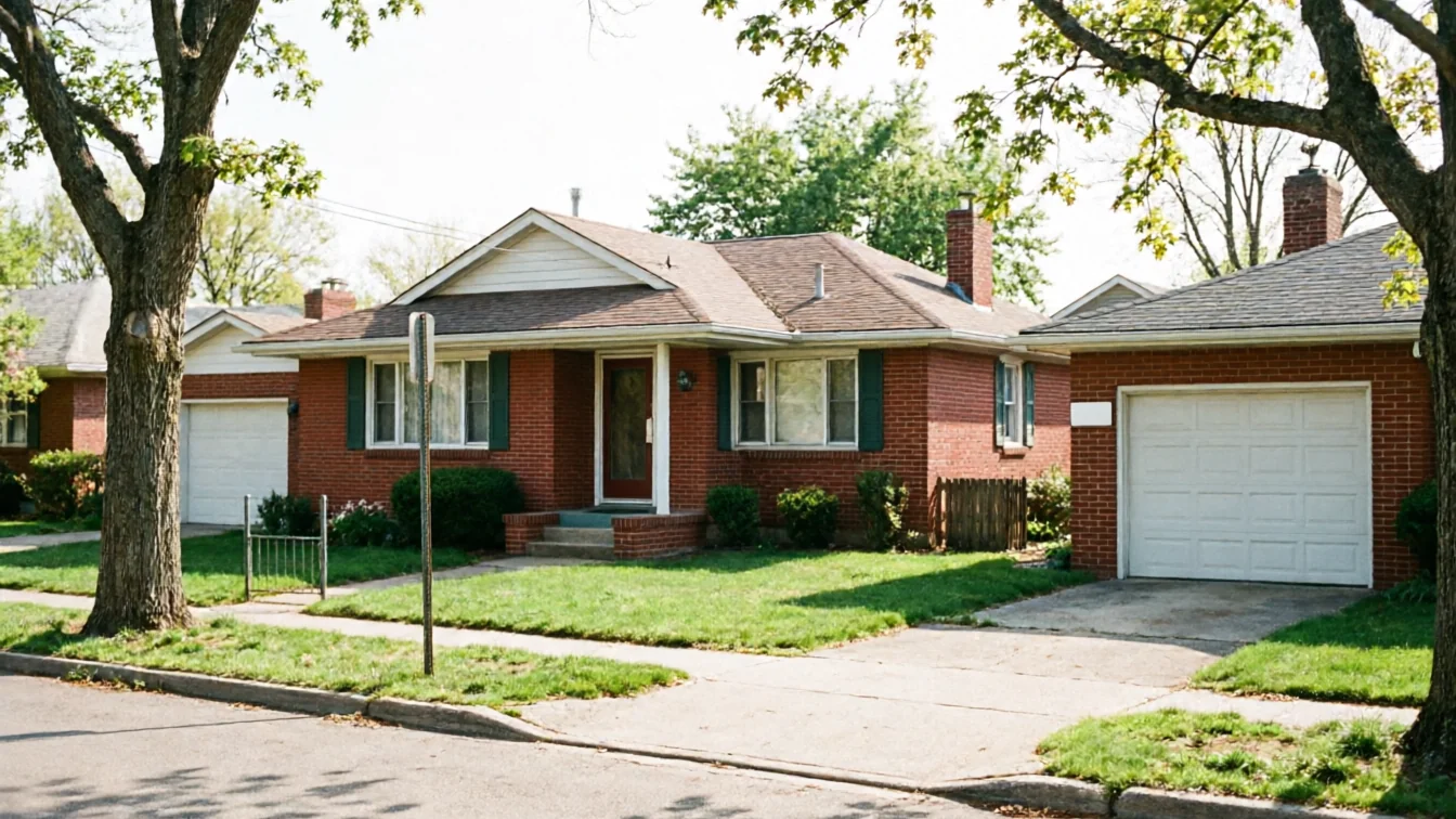 A red brick house with a white garage door and green shutters.