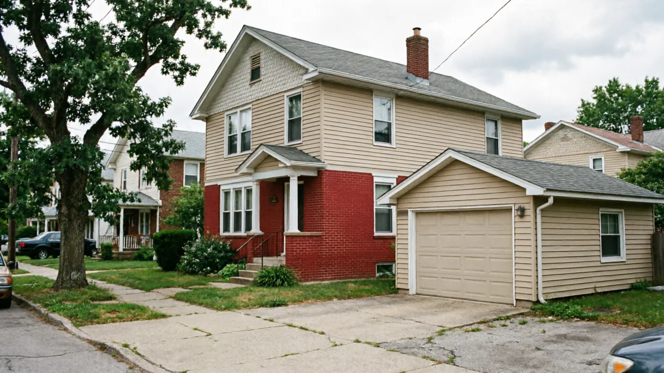 A detached garage with a tan door is next to a house with red brick.