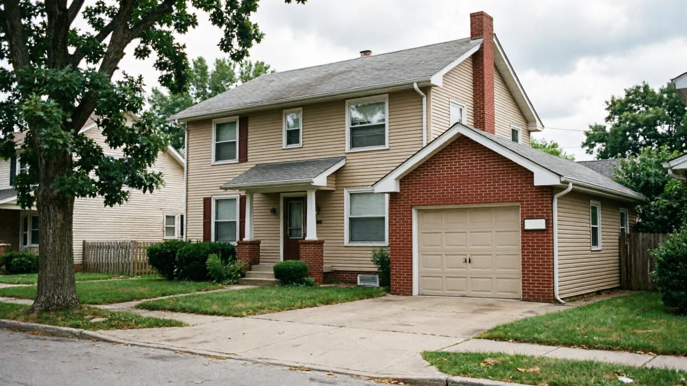 A two-story house with a beige garage door and red brick accents.